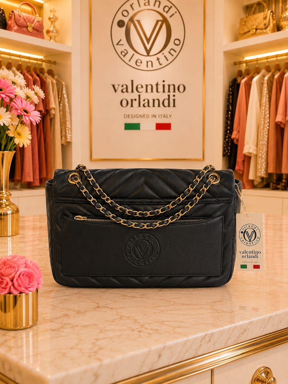 Brand New - Valentino Orlandi Black Quilted Shoulder Bag w Gold Chain Strap - Picture 3 of 5